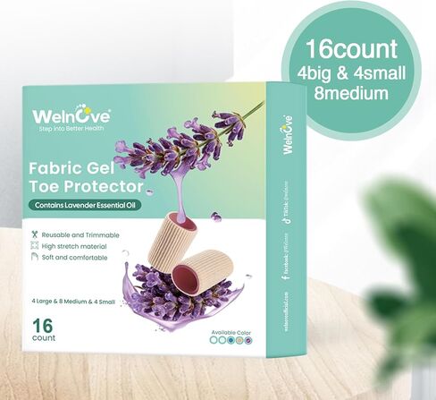 Welnove Toe Cushion Tube Sleeves, 16 Counts Soft Corn Covers for Women Men Pain Relief, Toe Sleeve Protectors for Cushions Corns, Blisters, Calluses - Purple Lining with Lavender Scent - Multi Size in Kuwait