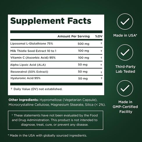 Liposomal Glutathione Capsules with Resveratrol & Milk Thistle Supplement for Men and Women - L-Glutathione - 60 Capsules, Third Party Tested, Made in USA in Saudi Arabia