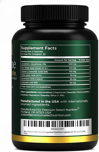 Liposomal Glutathione Capsules with Resveratrol & Milk Thistle Supplement for Men and Women - L-Glutathione - 60 Capsules, Third Party Tested, Made in USA in Saudi Arabia