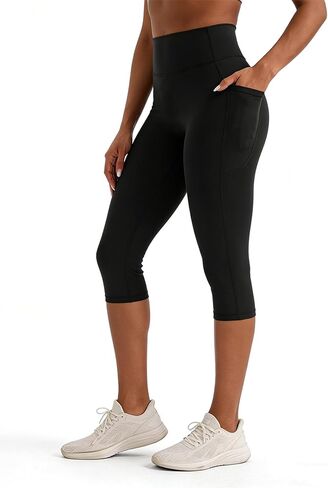 Flamingals Capri Leggings for Women High Waisted Tummy Control Butt Lifting Hidden Scrunch Capri Yoga Pants with Pockets in Kuwait