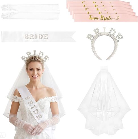 Bachelorette Party Accessories Set for Bride - 9 Pcs Premium Bridal Veil, Pearl Headband, Sash & Gloves | Complete Bridal Shower Kit for Wedding & Despedida de Soltera in Saudi Arabia