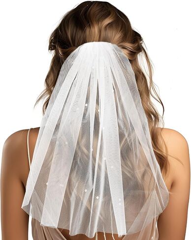 White Short Wedding Veil, Bachelorette Party Pearl Bridal Veil with Comb Small Veil for Bachelorette Party Bridal Shower Engagement, Veil Headband Decorations in Kuwait