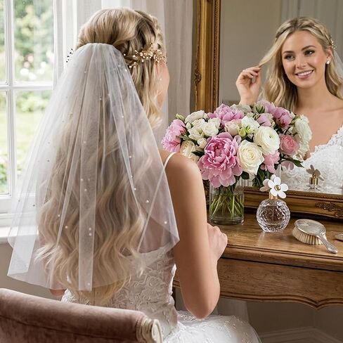 White Short Wedding Veil, Bachelorette Party Pearl Bridal Veil with Comb Small Veil for Bachelorette Party Bridal Shower Engagement, Veil Headband Decorations in Kuwait