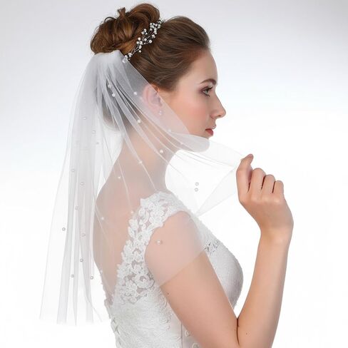 White Short Wedding Veil, Bachelorette Party Pearl Bridal Veil with Comb Small Veil for Bachelorette Party Bridal Shower Engagement, Veil Headband Decorations in Kuwait