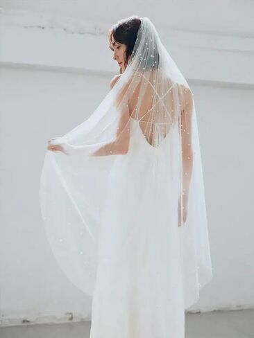 1 Tier Pearl Bride Wedding Bridal Veil With Hair Comb, Bridal Cathedral Veil, White Headpiece Bridal Shower Gift in Saudi Arabia