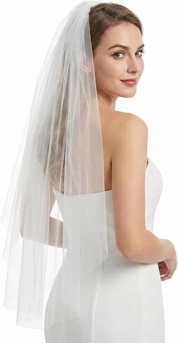 Ivory Swiss Tulle Wedding Veil with Comb - 1 Tier Bridal Veil, 4 Lengths Soft Sheer 1 Layer in Kuwait