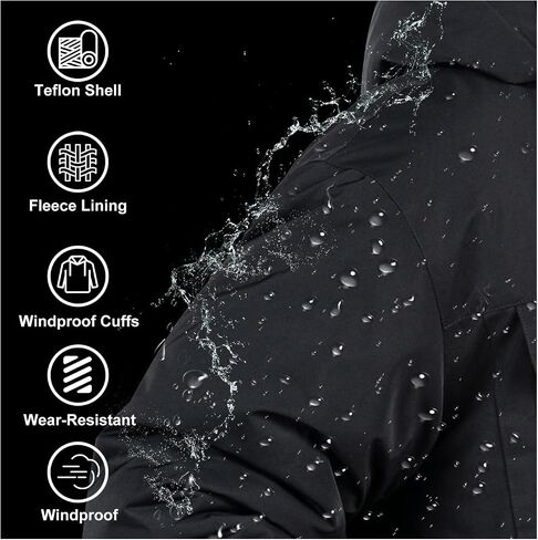 Men's Winter Work Jacket with Teflon Fabric Protector,Fleece Lined Thermal Insulated Black Hooded Coat in Kuwait