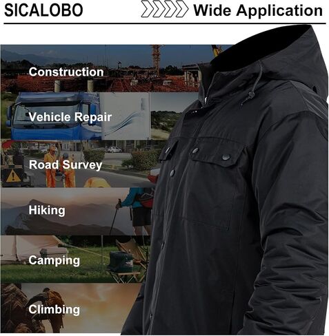 Men's Winter Work Jacket with Teflon Fabric Protector,Fleece Lined Thermal Insulated Black Hooded Coat in Kuwait