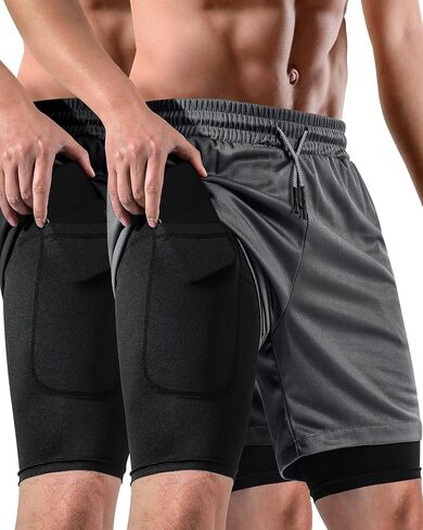 2 in 1 Mens Shorts Casual 2 Pack, Running Gym Shorts for Men 7 Inch, Workout Shorts Men with Pockets &Towel Loop in Saudi Arabia