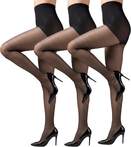 3 Pairs 20D Sheer Tights for Women - Silky High Waisted Control Top Pantyhose, Reinforced Toe Nylon Stockings in Kuwait