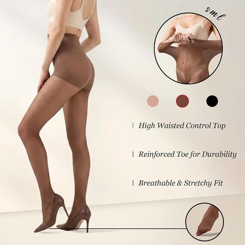 3 Pairs 20D Sheer Tights for Women - Silky High Waisted Control Top Pantyhose, Reinforced Toe Nylon Stockings in Kuwait