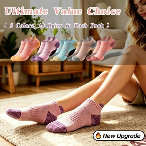 MICBAM 10 Pairs Womens Ankle Socks-Cushioned Running Athletic Cotton Socks,Low Cut Casual Socks,Size 6-12 in Saudi Arabia