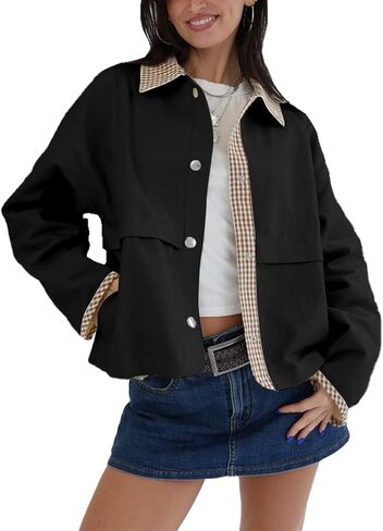 Womens Gingham Contrast Jacket Lightweight Lapel Cropped Trench Coat with Snap Button and Plaid Trim Cuffs in Saudi Arabia