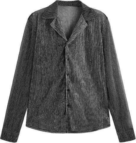 WDIRARA Men's Sheer Mesh See Through Glitter Button Front Long Sleeve Shirt Tops in Kuwait
