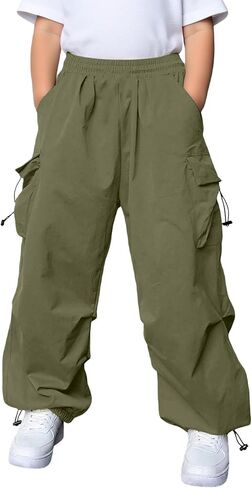 Kids Baggy Cargo Pants Boys Girls Casual Loose Fit Wide Leg Parachute Track Pant Fashion Harem Joggers with Pockets in Saudi Arabia
