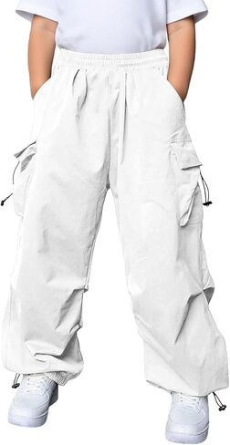 Kids Baggy Cargo Pants Boys Girls Casual Loose Fit Wide Leg Parachute Track Pant Fashion Harem Joggers with Pockets in Saudi Arabia