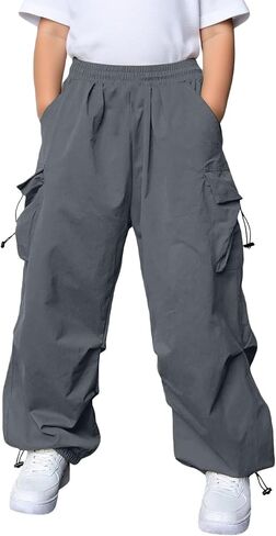 Kids Baggy Cargo Pants Boys Girls Casual Loose Fit Wide Leg Parachute Track Pant Fashion Harem Joggers with Pockets in Saudi Arabia