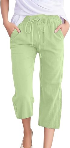 Womens Capri Pants with Pockets for Summer Casual Straight Leg Cropped Pants Elastic High Waist Trousers with Pockets in Saudi Arabia