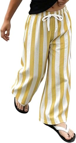 Kids Linen Pants Toddler Girls Summer Baggy Breathable Casual Elastic Waisted Wide Leg Striped Lounge Beach Pant in Saudi Arabia