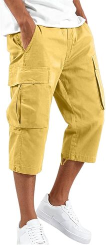 Cargo Shorts for Men Below Knee Baggy Fit Summer Gym Shorts Elastic Waist Capris Wide Leg Cropped Pants with Pockets in Kuwait