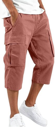 Cargo Shorts for Men Below Knee Baggy Fit Summer Gym Shorts Elastic Waist Capris Wide Leg Cropped Pants with Pockets in Saudi Arabia