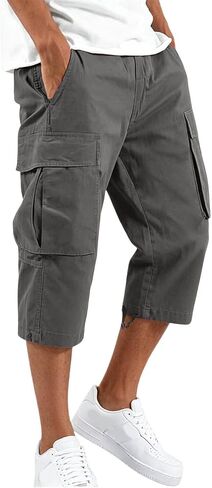 Cargo Shorts for Men Below Knee Baggy Fit Summer Gym Shorts Elastic Waist Capris Wide Leg Cropped Pants with Pockets in Kuwait