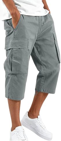 Cargo Shorts for Men Below Knee Baggy Fit Summer Gym Shorts Elastic Waist Capris Wide Leg Cropped Pants with Pockets in Kuwait