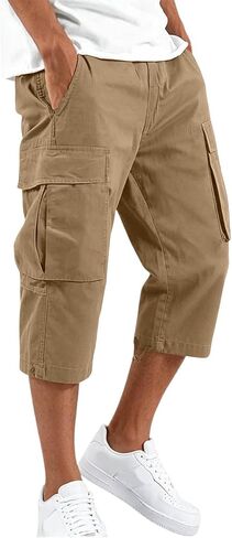 Cargo Shorts for Men Below Knee Baggy Fit Summer Gym Shorts Elastic Waist Capris Wide Leg Cropped Pants with Pockets in Kuwait