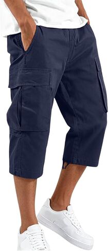 Cargo Shorts for Men Below Knee Baggy Fit Summer Gym Shorts Elastic Waist Capris Wide Leg Cropped Pants with Pockets in Kuwait