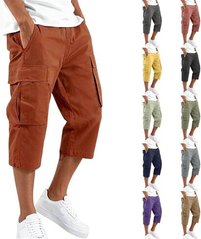 Cargo Shorts for Men Below Knee Baggy Fit Summer Gym Shorts Elastic Waist Capris Wide Leg Cropped Pants with Pockets in Kuwait