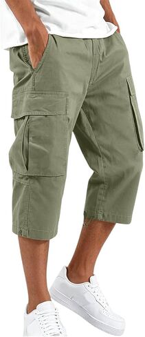 Cargo Shorts for Men Below Knee Baggy Fit Summer Gym Shorts Elastic Waist Capris Wide Leg Cropped Pants with Pockets in Kuwait