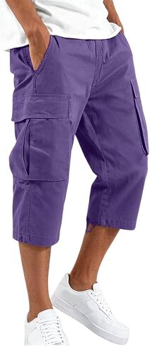 Cargo Shorts for Men Below Knee Baggy Fit Summer Gym Shorts Elastic Waist Capris Wide Leg Cropped Pants with Pockets in Kuwait