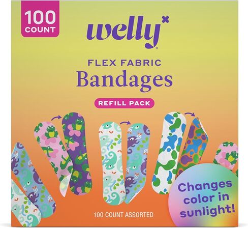 Welly Bandage Color Change Refill Pack | Adhesive Flexible Fabric Bandages | Assorted Shapes and Patterns for Minor Cuts, Scrapes, and Wounds - 100 Count in Saudi Arabia