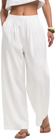 LOMON White Linen Pants Women Wide Leg Palazzo Pants Beach Vacation Outfits Cotton Summer 2026 Flowy Clothes Trousers with Pockets (White, L) in Kuwait
