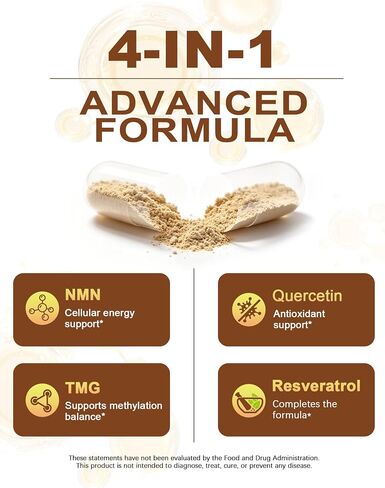 NMN NAD Supplement 1100mg,4-in-1 Enhanced with Quercetin &Resveratrol & TMG | NAD+ Support & Optimizer for Cellular Energy, Anti-Aging,90 Capsules,Dietary Supplement in Saudi Arabia