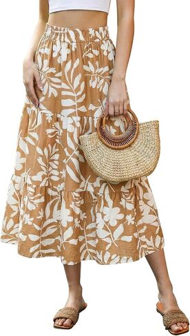 SEAFORM Women's Boho Floral Print Midi Skirt A-Line Elastic High Waist Flowy Long Skirts Casual Summer Beach Vacation Skirt in Saudi Arabia