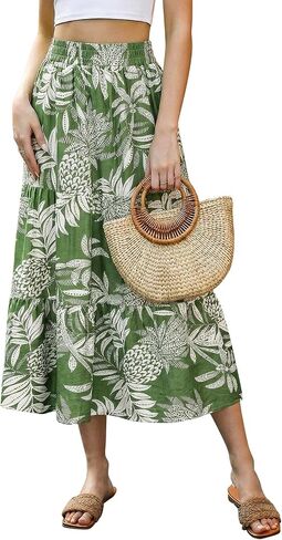 SEAFORM Women's Boho Floral Print Midi Skirt A-Line Elastic High Waist Flowy Long Skirts Casual Summer Beach Vacation Skirt in Saudi Arabia