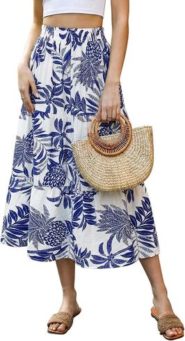 SEAFORM Women's Boho Floral Print Midi Skirt A-Line Elastic High Waist Flowy Long Skirts Casual Summer Beach Vacation Skirt in Saudi Arabia