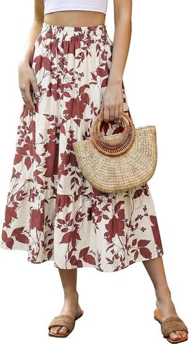SEAFORM Women's Boho Floral Print Midi Skirt A-Line Elastic High Waist Flowy Long Skirts Casual Summer Beach Vacation Skirt in Saudi Arabia