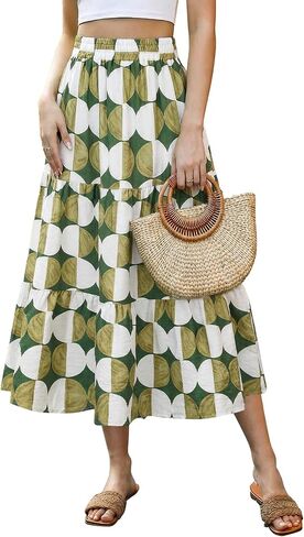 SEAFORM Women's Boho Floral Print Midi Skirt A-Line Elastic High Waist Flowy Long Skirts Casual Summer Beach Vacation Skirt in Saudi Arabia
