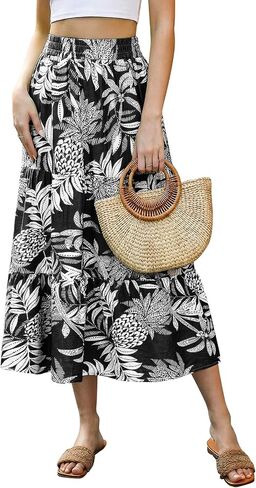 SEAFORM Women's Boho Floral Print Midi Skirt A-Line Elastic High Waist Flowy Long Skirts Casual Summer Beach Vacation Skirt in Saudi Arabia