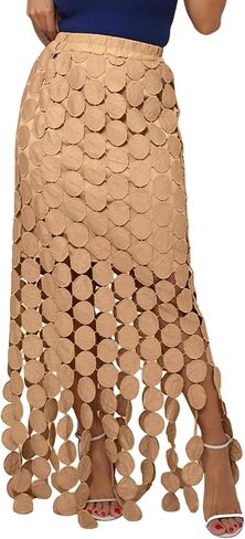Kissonic Womens Long Fringe Maxi Skirt Summer Hollow Out Boho Elastic High Waist Skirt in Kuwait