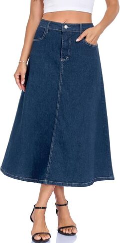 Denim Skirt for Women Strechy High Wasited A Line Casual Midi Jean Skirts with Pockets in Saudi Arabia