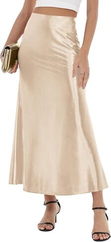 LOMON Women's Satin Maxi Skirt Long A Line High Waisted Skirts Wedding Cocktail Party Outfits in Saudi Arabia