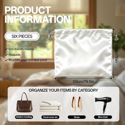6 Pcs Dust Bags for Handbags & Purses - Satin Purse Storage Bag with Drawstring Closure, Handbag Protector, Purse Dust Bags (White) in Saudi Arabia