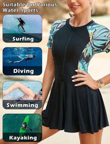 ملابس سباحة نسائية بأكمام قصيرة من FEOYA، فستان سباحة 50+ UPF Rash Guard، قطعة واحدة متواضعة مع تنورة، بدلة استحمام in Kuwait