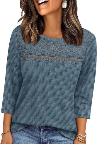 OFEEFAN 3/4 Length Sleeve Womens Tops Early Fall Fashion 2025 Dressy Casual Blouses Lace Front Trendy Waffle Knit Shirts in Saudi Arabia