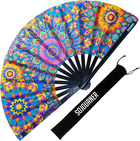 SoJourner Bags Mandala Trippy Wonders Rave Fan - Large Folding Clack Fan for Men and Women - Rave Accessories for EDM, Line Dancing, Cosplay, Concerts and More in Saudi Arabia