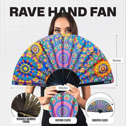 SoJourner Bags Mandala Trippy Wonders Rave Fan - Large Folding Clack Fan for Men and Women - Rave Accessories for EDM, Line Dancing, Cosplay, Concerts and More in Saudi Arabia