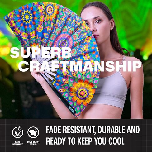 SoJourner Bags Mandala Trippy Wonders Rave Fan - Large Folding Clack Fan for Men and Women - Rave Accessories for EDM, Line Dancing, Cosplay, Concerts and More in Saudi Arabia